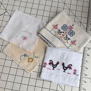 Vintage Embroidered Linens Lot | Rooster Tea Towels & Floral Handwork